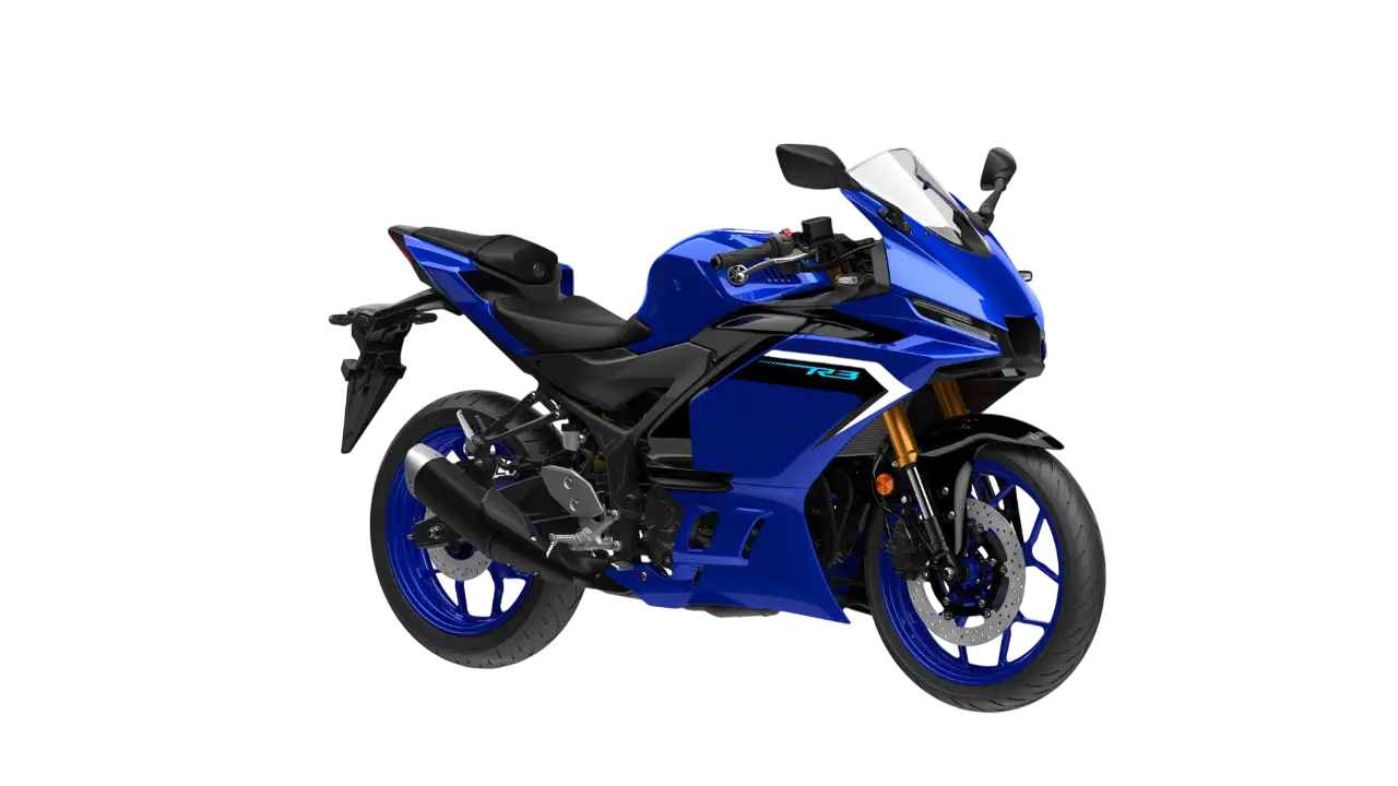 2025 Yamaha YZF-R320 Motorrad in Blau, seitliche Ansicht.