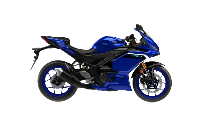 2025-Yamaha-YZF-R320-EU-Icon_Blue-Studio-002-03-removebg-preview Ein blaues 2025 Yamaha YZF-R320 Motorrad auf transparentem Hintergrund.
