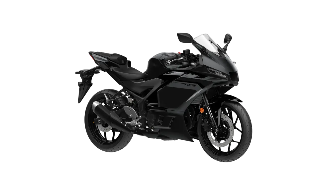 Schwarzes 2025 Yamaha YZF-R320 Motorrad auf transparentem Hintergrund.