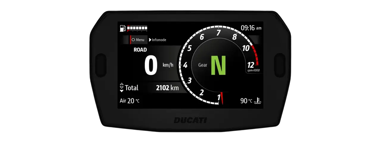 2102_screen-sito_0000_Infomode-Road_speed-0-Photoroom Digitales Display eines Ducati-Motorrads mit Geschwindigkeits- und Ganganzeige.