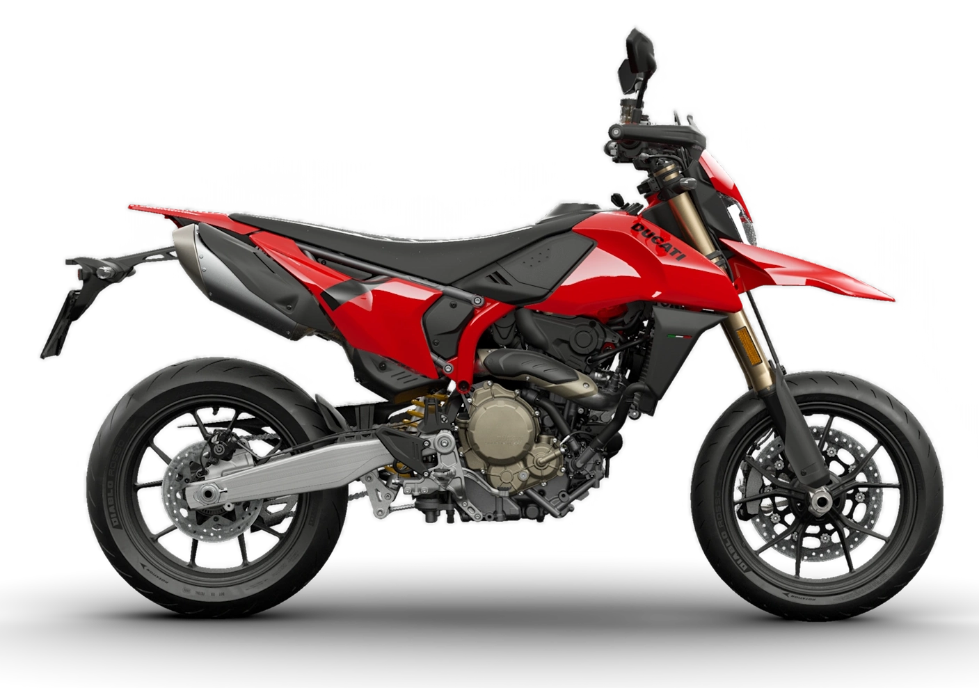 698_mono Ein rotes Ducati-Motorrad, seitlich abgebildet.