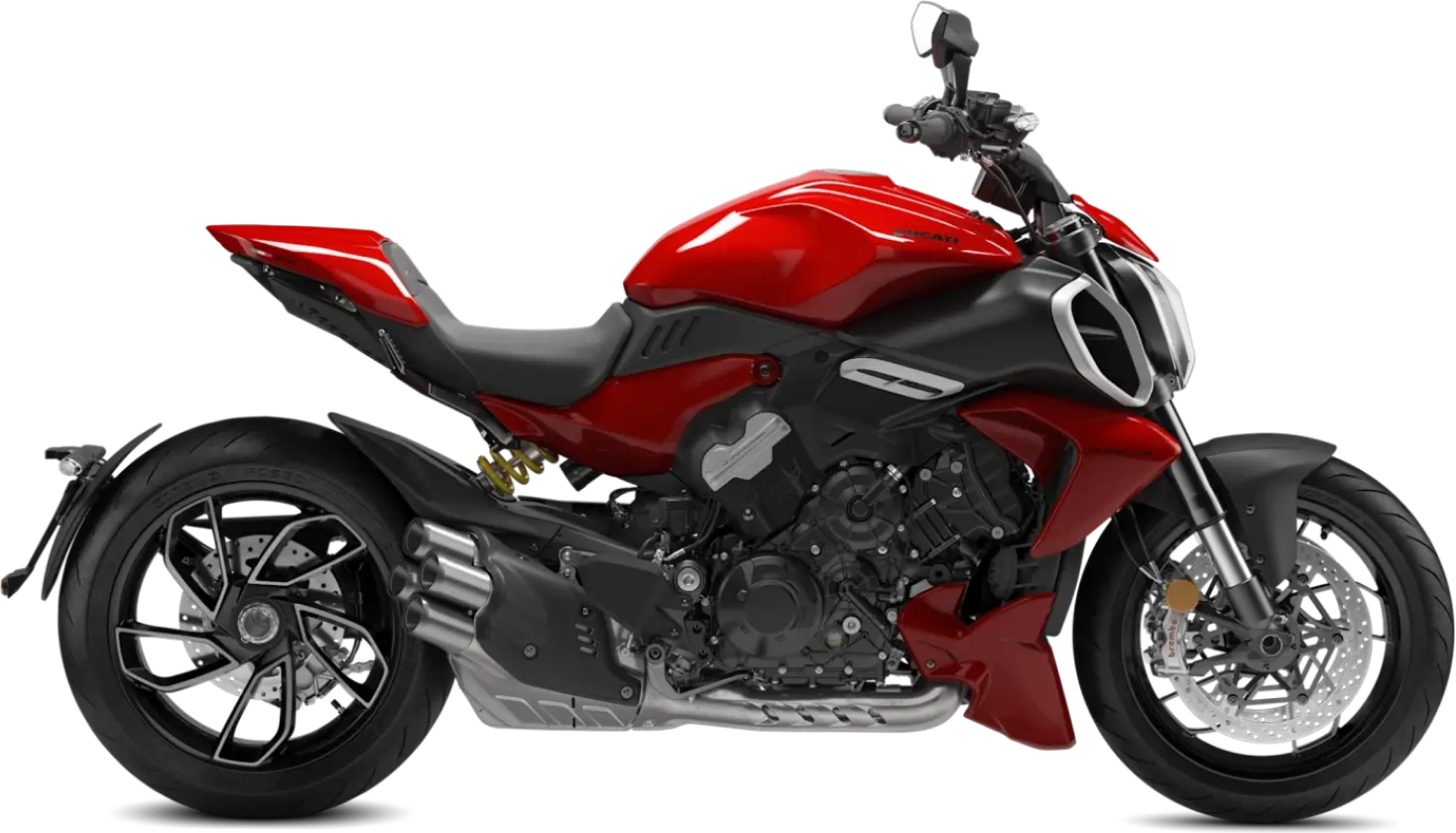 Ducati Diavel V4 Rotes Ducati Diavel V4 Motorrad von der Seite.