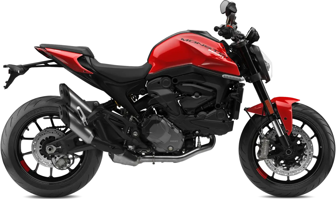 Ducati Monster Rotes Ducati Monster Motorrad von der Seite.