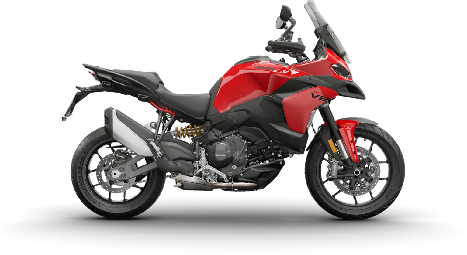 Ducati Multistrada V2 Rotes Ducati Multistrada V2 Motorrad von der Seite.
