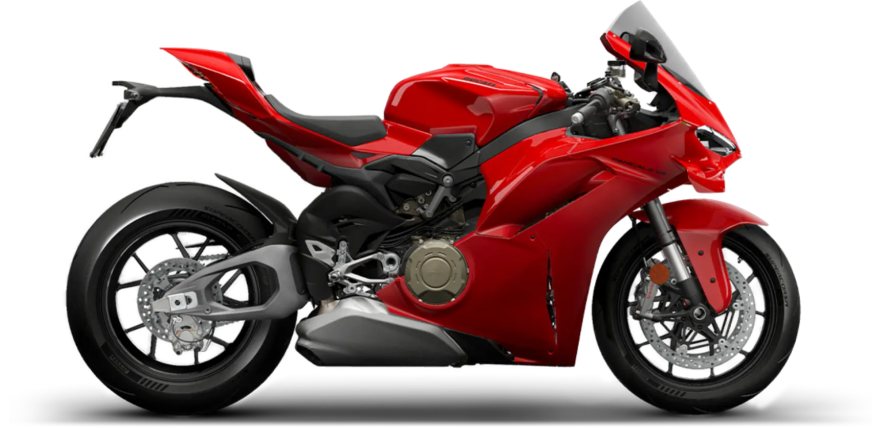Rotes Ducati Panigale V4 Motorrad, seitlich abgebildet.