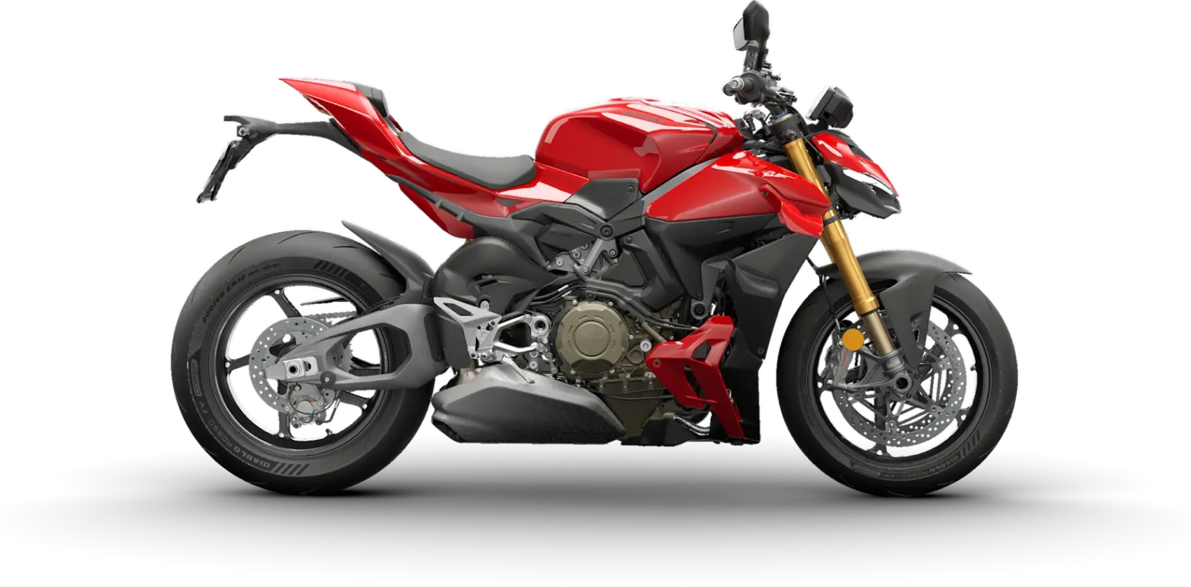 Ducati Streetfighter V4 S Rotes Ducati Streetfighter V4 S Motorrad von der Seite.