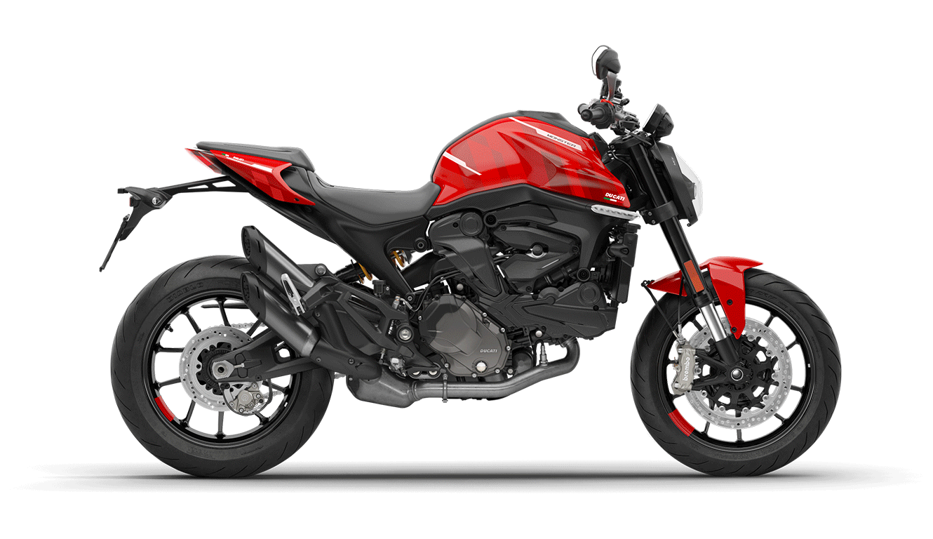 Rotes Ducati Monster Motorrad von der Seite.