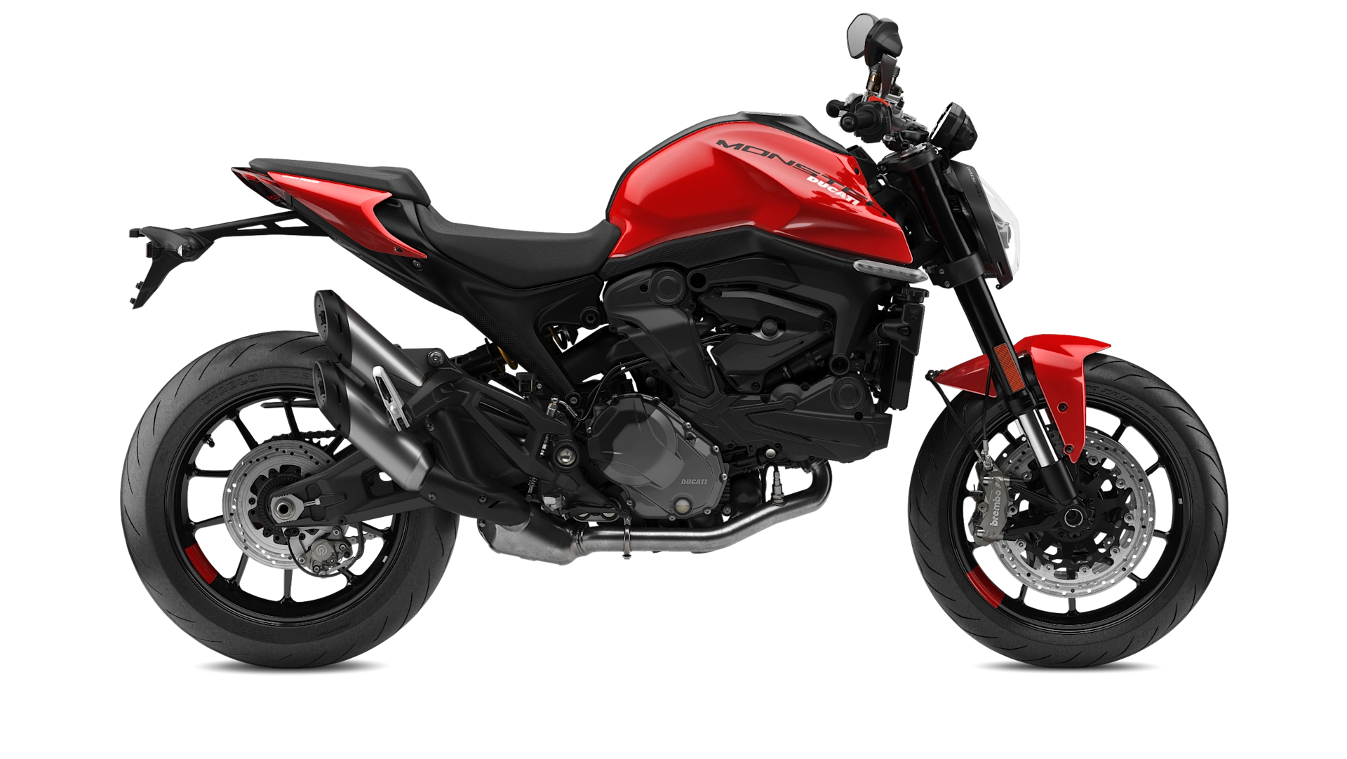 Ducati Monster Rotes Ducati Monster Motorrad von der Seite.