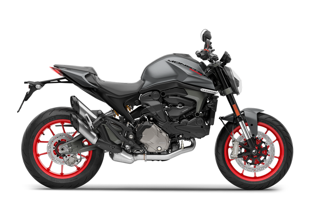 Ducati Monster Graues Motorradmodell Ducati Monster 937 mit roten Felgen auf transparentem Hintergrund.