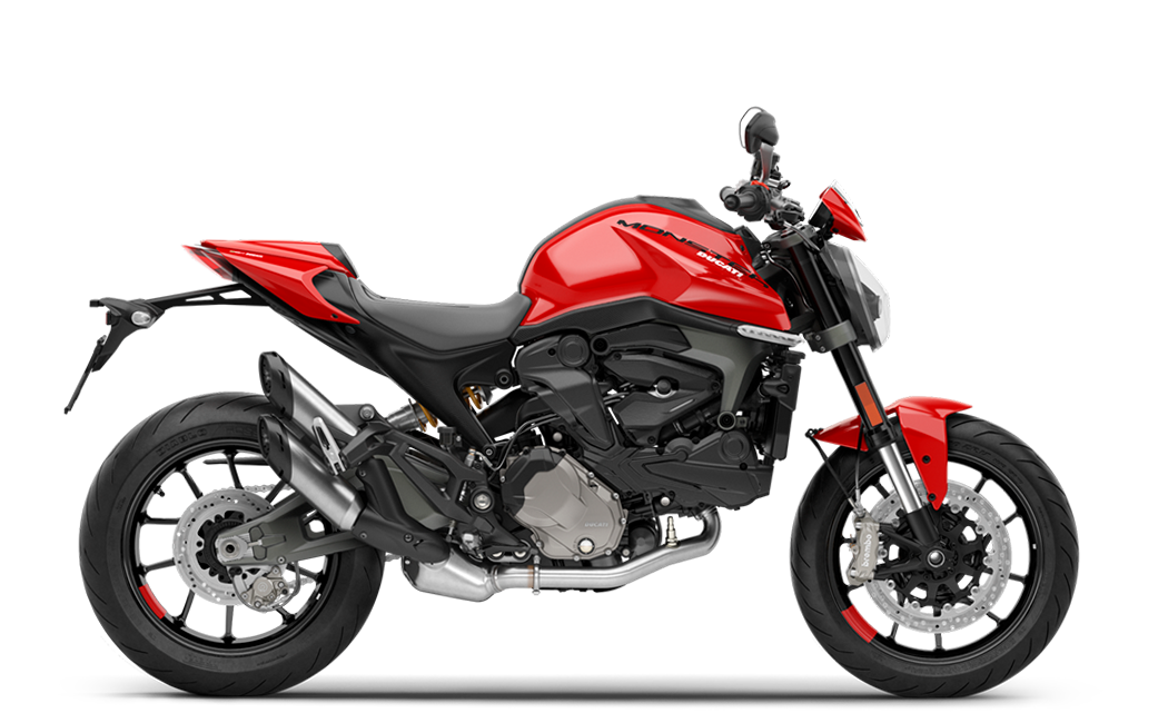 Ducati Monster Plus Rotes Ducati Monster 937 Plus Motorrad, seitliche Ansicht.