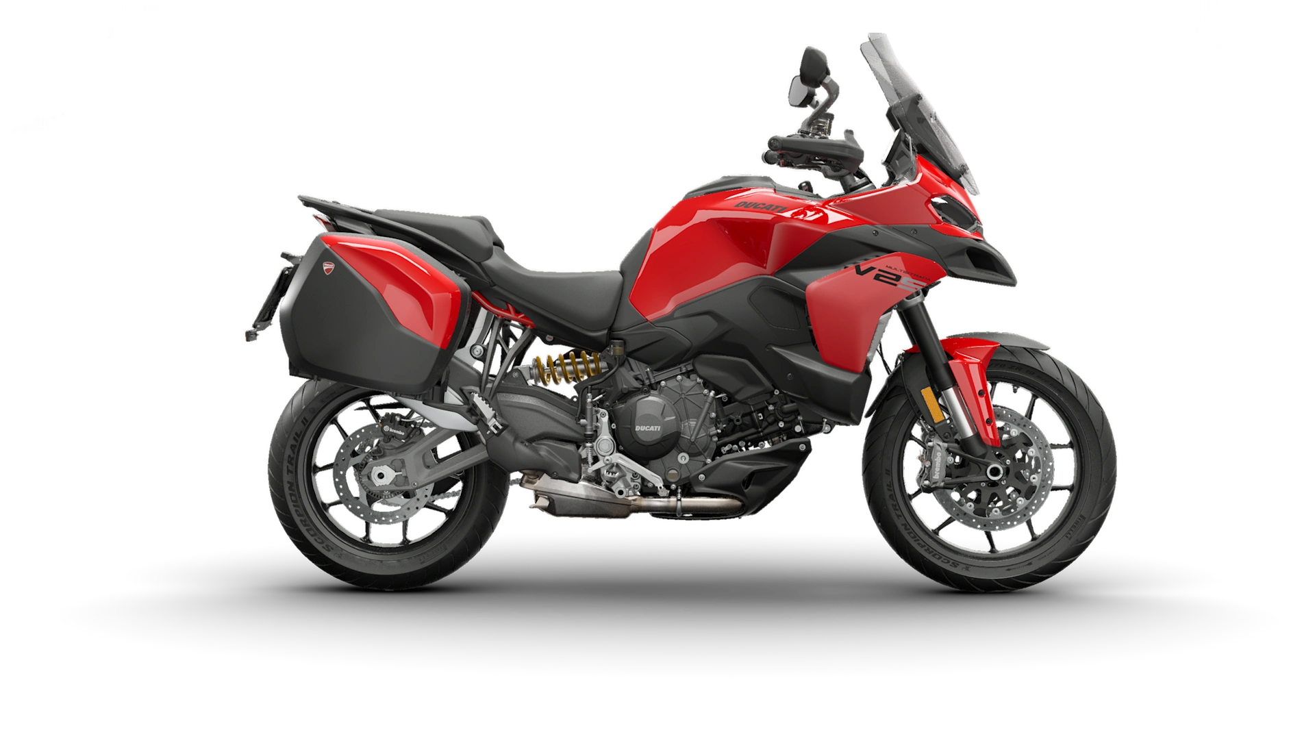 Multistrada-V2-S-Travel-360_0017_it-18 Ein rotes Ducati Multistrada V2 S Travel Motorrad von der Seite.