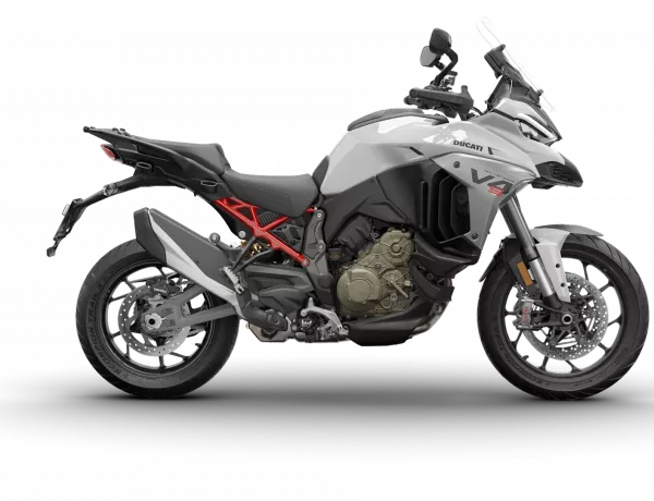 Multistrada-V4-S-AW-MY25-360_0017_it-14-pccepv3fa50jzev Ein graues Ducati Multistrada V4 S Motorrad von der Seite.