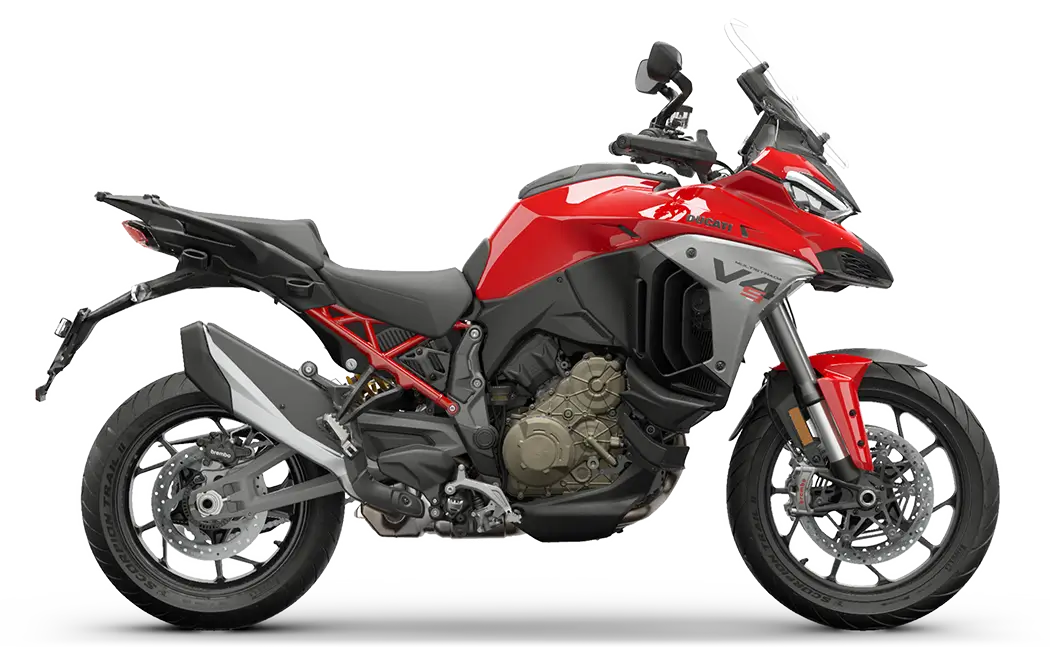 Multistrada-V4-S-Essential-Rd-MY25-Model-Preview-1050x650 Ein rotes Ducati Multistrada V4 S Motorrad von der Seite.