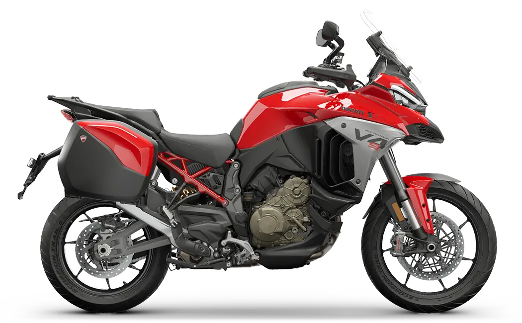 Multistrada-V4-S-Sport-Travel-Rd-MY25-Model-Preview-1050x650 Ein rotes Ducati Multistrada V4 S Sport Motorrad, seitlich abgebildet.