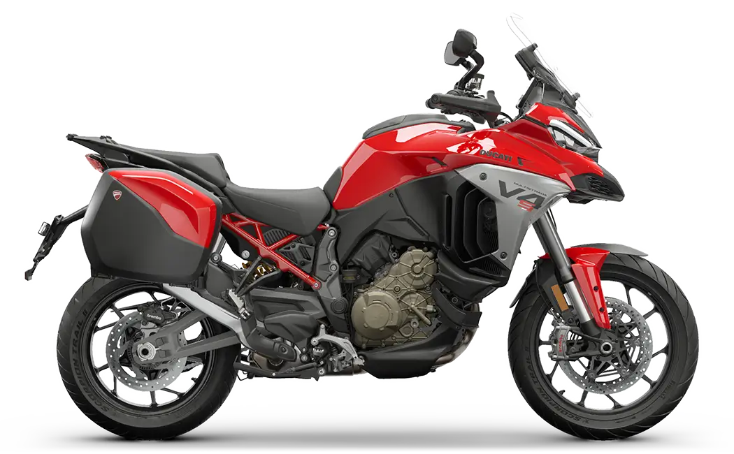 Multistrada-V4-S-Travel-Radar-Rd-MY25-Model-Preview-1050x650 Rotes Ducati Multistrada V4 S Motorrad mit Seitenkoffern auf weißem Hintergrund.