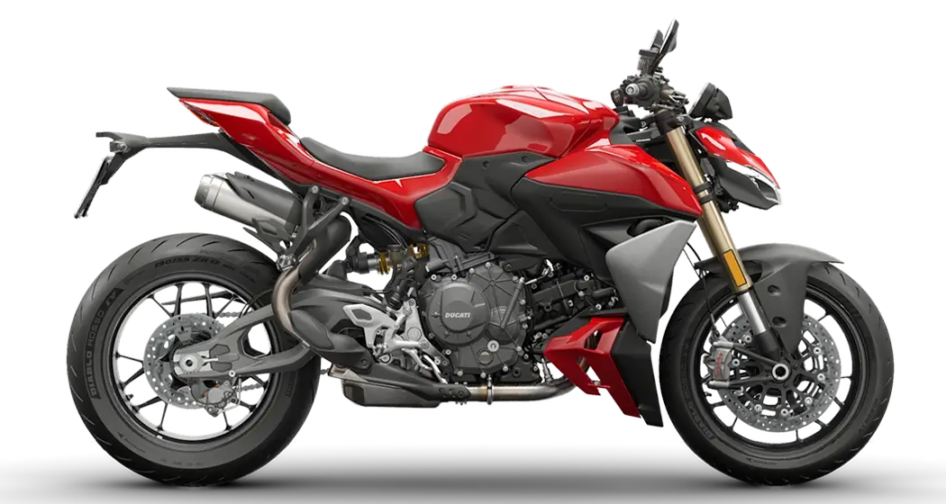 Streetfighter-V2 Rotes Ducati Streetfighter V2 Motorrad von der Seite.