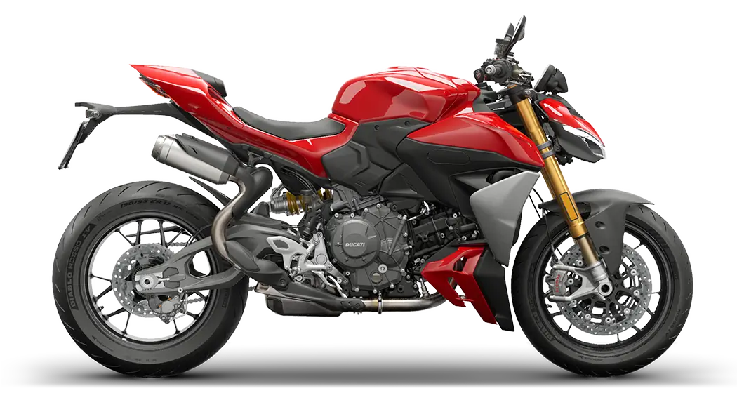 Streetfighter-V2s Ein rotes Ducati Streetfighter V2 Motorrad von der Seite.