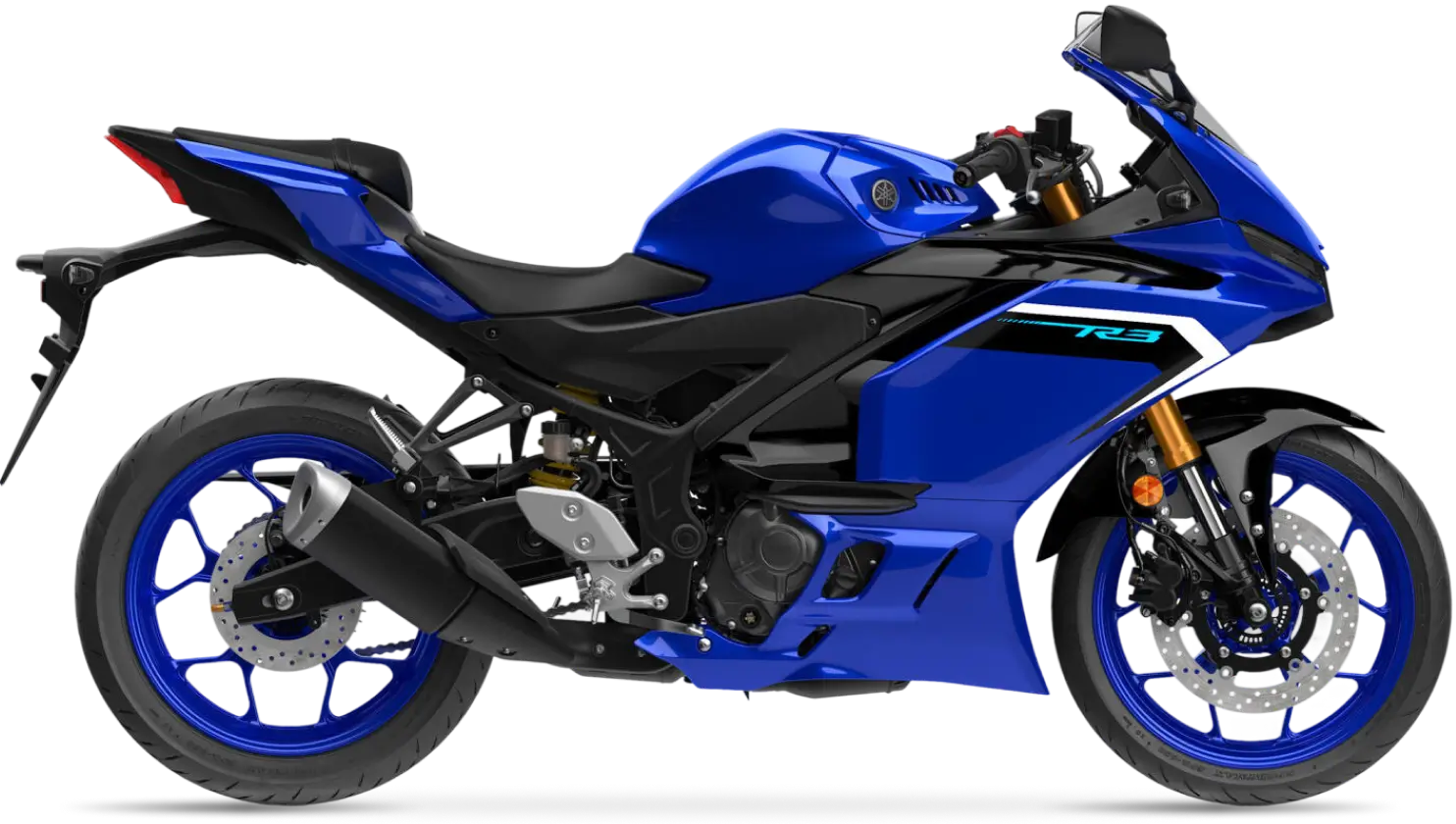 Yamaha R3 Ein blaues Yamaha R3 Motorrad von der Seite.