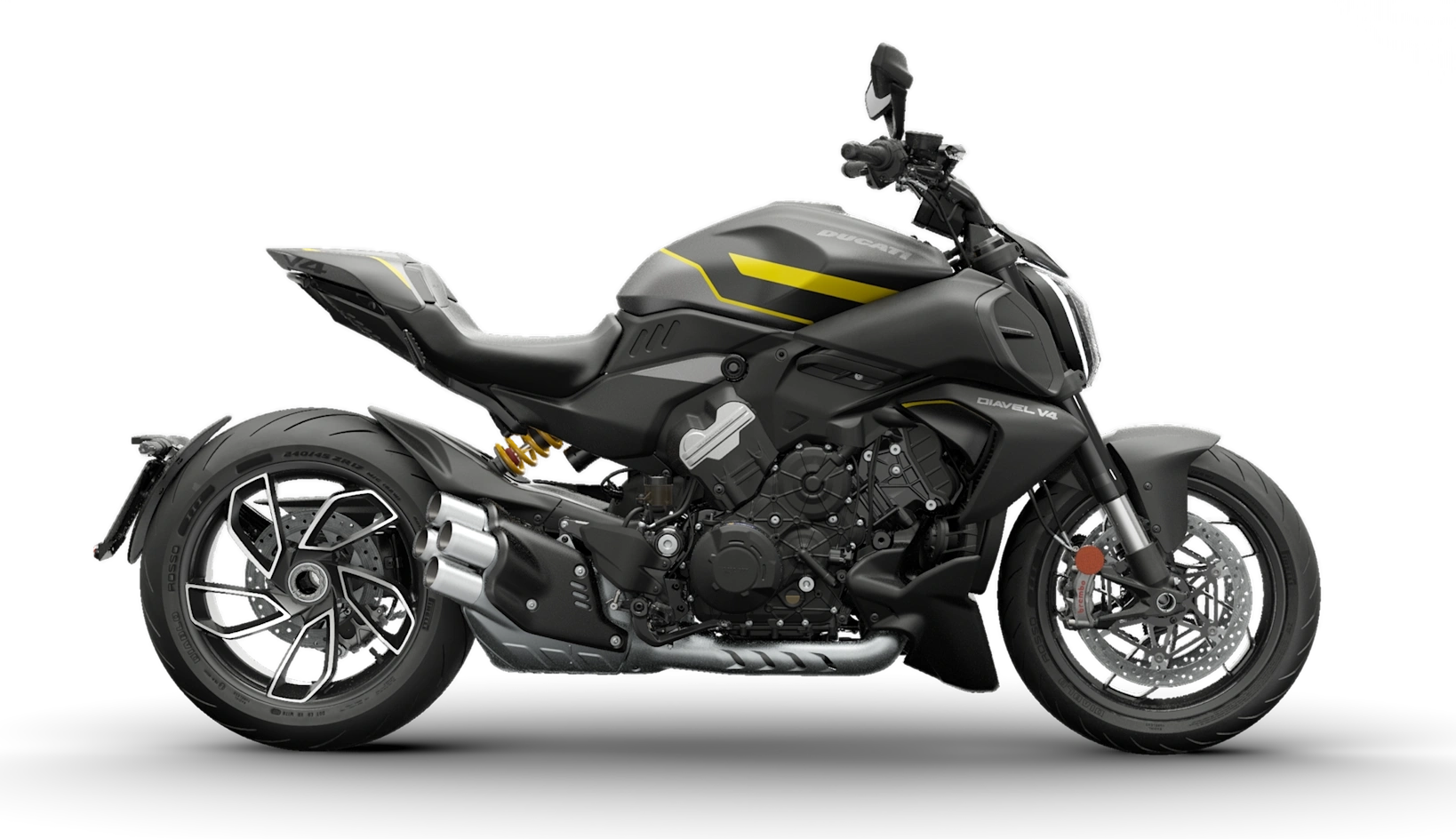 black-roadster Schwarzes Ducati Diavel V4 Motorrad mit gelben Akzenten auf transparentem Hintergrund.