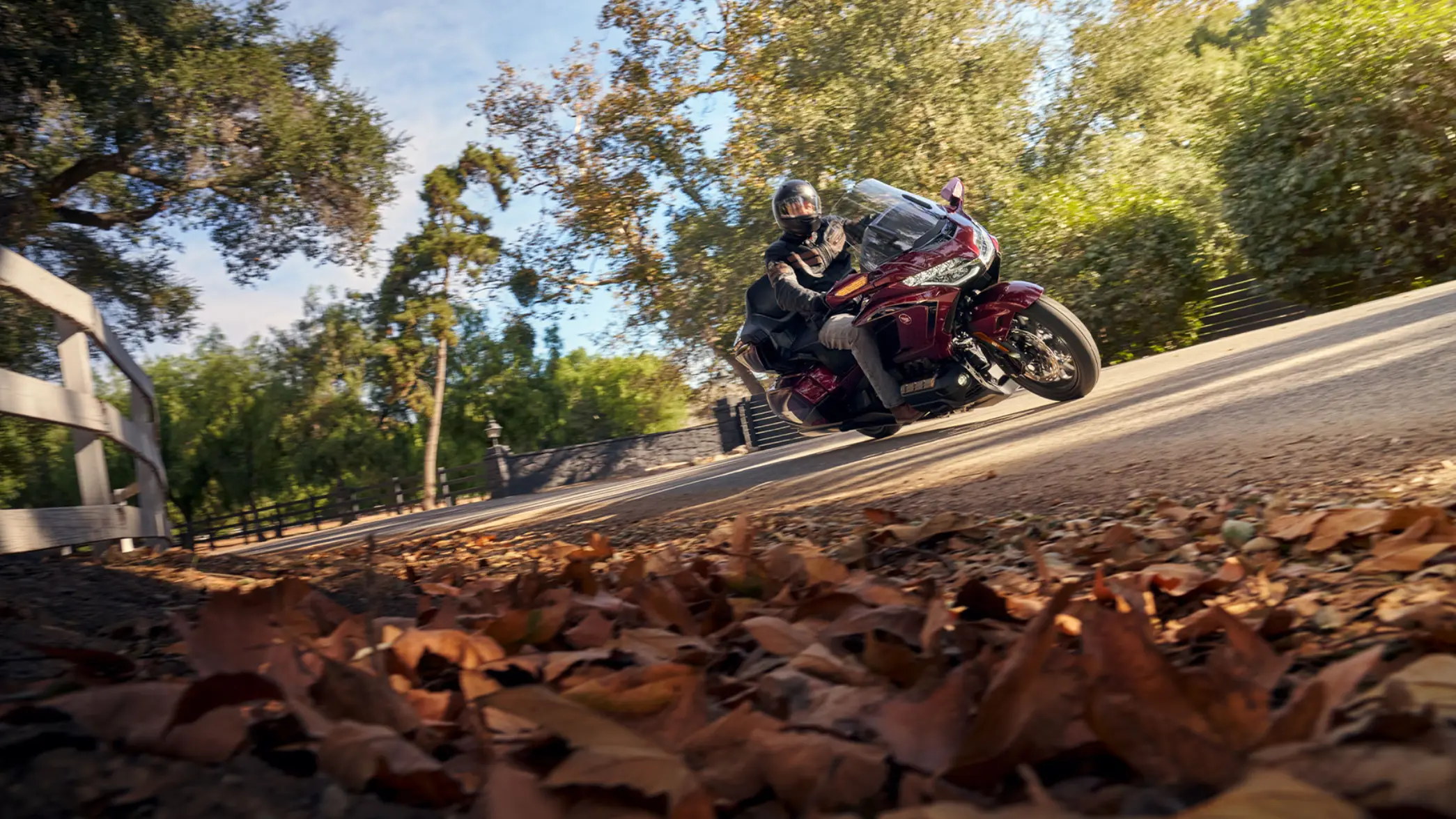 Eine Honda GL1800 GOLD WING TOUR auf einer kurvigen Straße im Herbst.