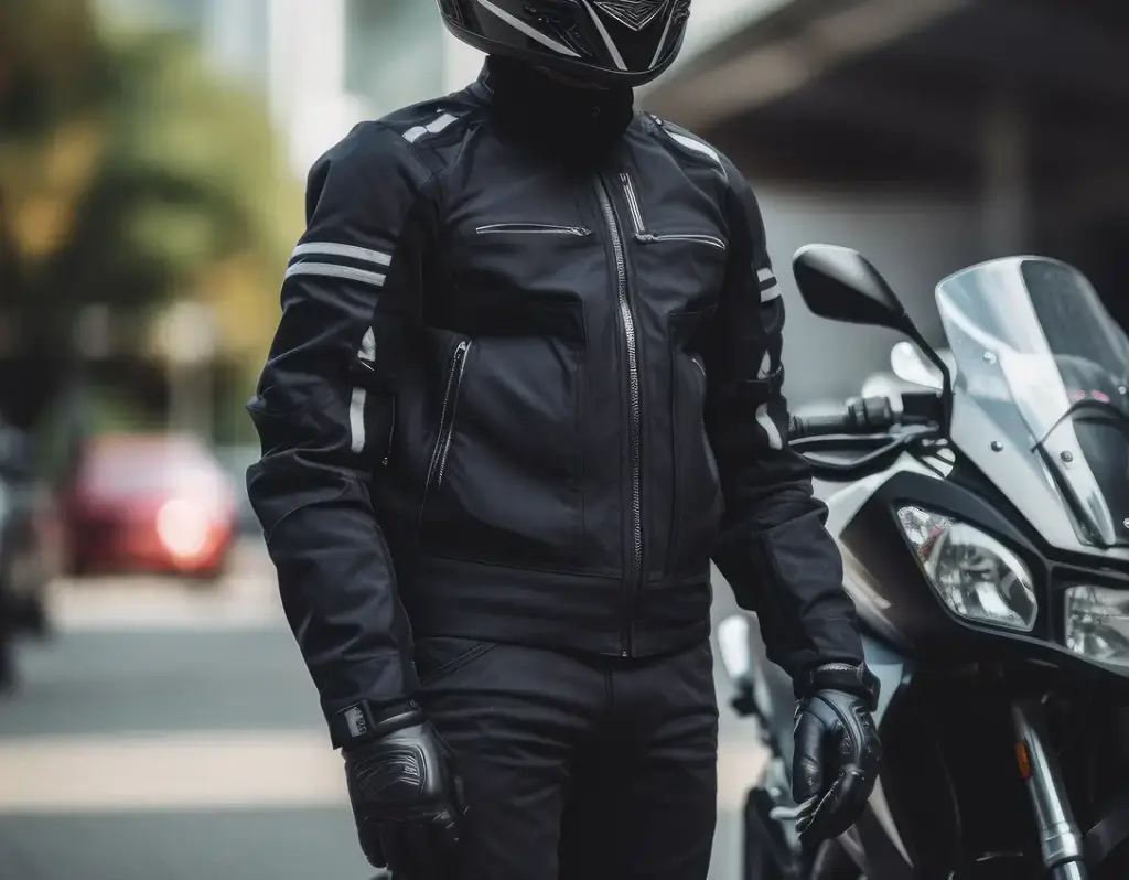 shop_bekleidung Motorradfahrer in schwarzer Schutzkleidung steht neben einem Motorrad.