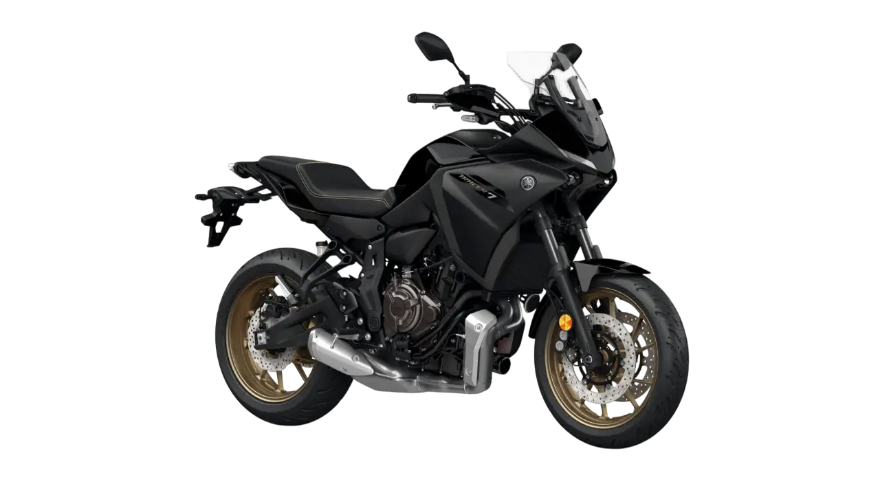 Ein schwarzes Yamaha MT-07 Motorrad mit goldenen Felgen.