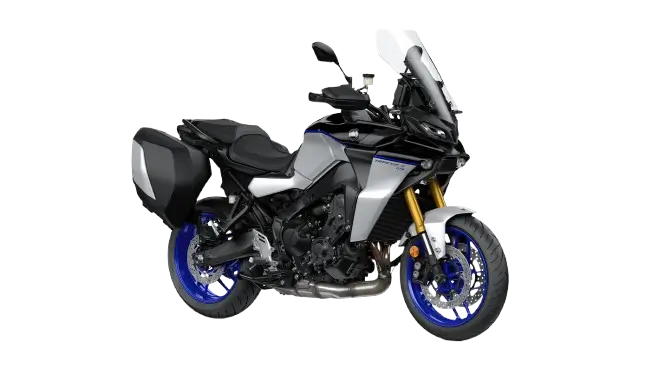 2024 Yamaha TRACER 9 GT+ Motorrad mit Koffern und blauen Felgen.
