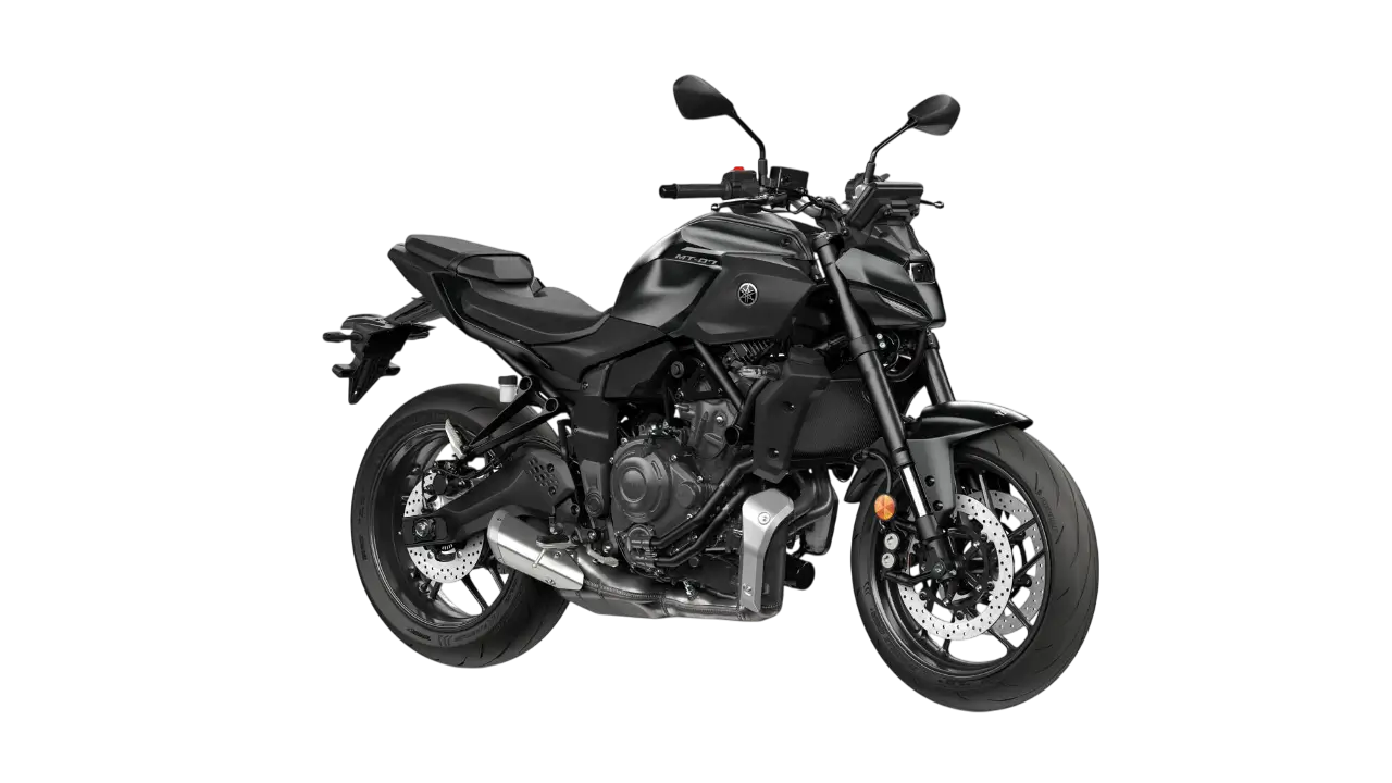 Yamaha MT-07A 2025 in schwarzer Farbe, seitliche Ansicht.