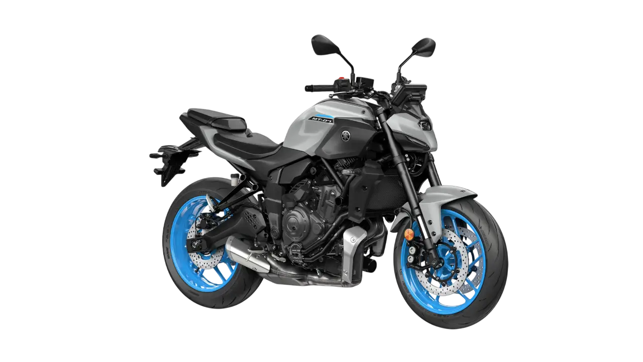 Yamaha MT-07AS Motorrad in Grau mit blauen Felgen.