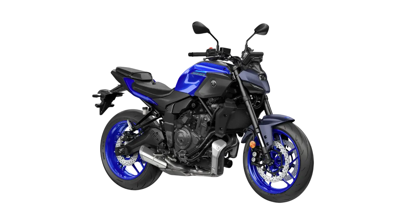 Yamaha MT-07AS Motorrad in Blau auf transparentem Hintergrund.