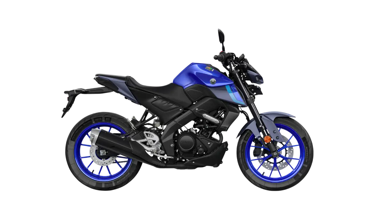 Yamaha MT-125 Motorrad in Blau, seitlich fotografiert.