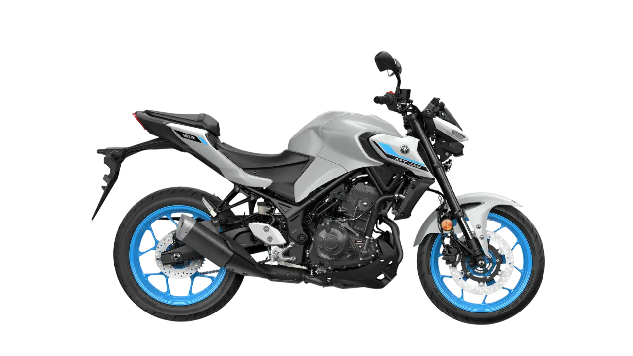 Yamaha MT320 Motorrad in Grau mit blauen Felgen.