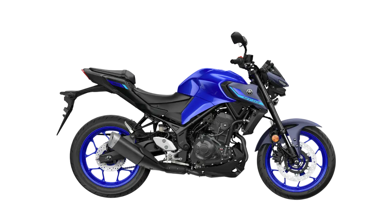 2025-Yamaha-MT320-EU-Icon_Blue-Studio-002-03 Yamaha MT-320 Motorrad in Blau, seitliche Ansicht.