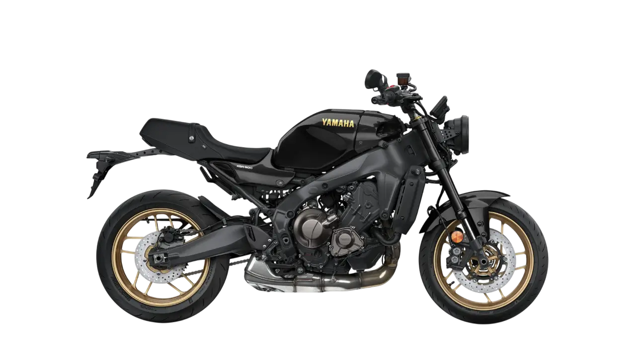 Yamaha XSR900 Motorrad in Schwarz, Seitenansicht.