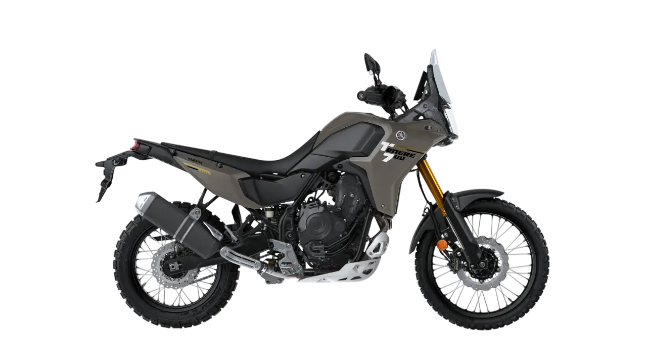 Yamaha XTZ700 Motorrad in seitlicher Ansicht auf transparentem Hintergrund.