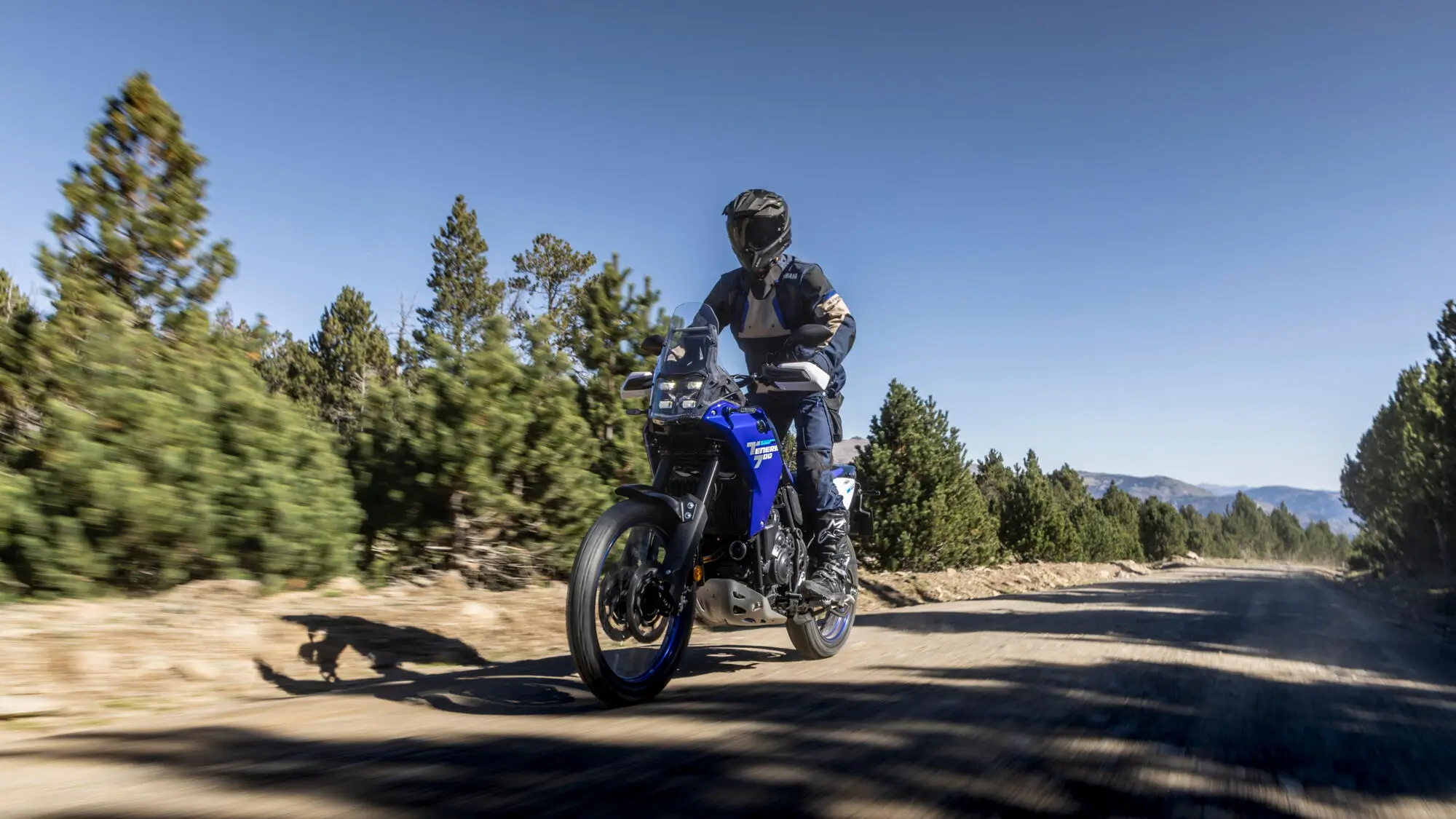 2025-Yamaha-XTZ700-EU-Icon_Blue-Action-003-03 Ein Motorradfahrer fährt eine Yamaha XTZ700 auf einer Schotterstraße durch eine bewaldete Landschaft.