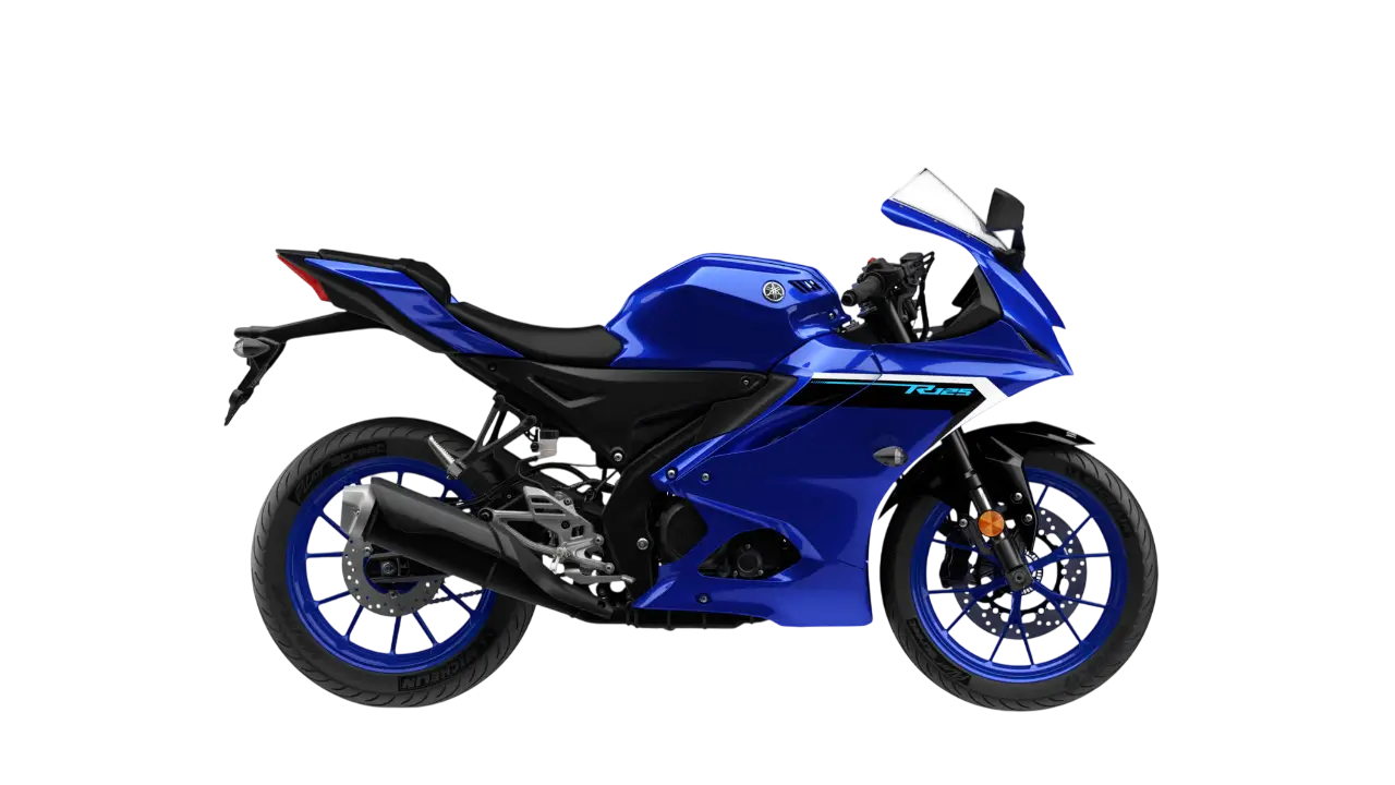 2025-Yamaha-YZF-R125-EU-Icon_Blue-Studio-002-03 Yamaha YZF-R125 Motorrad in Blau, Seitenansicht.