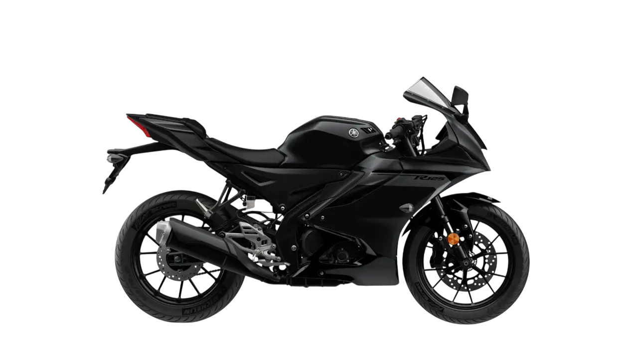 Eine schwarze Yamaha YZF-R125 von 2025 in Seitenansicht.