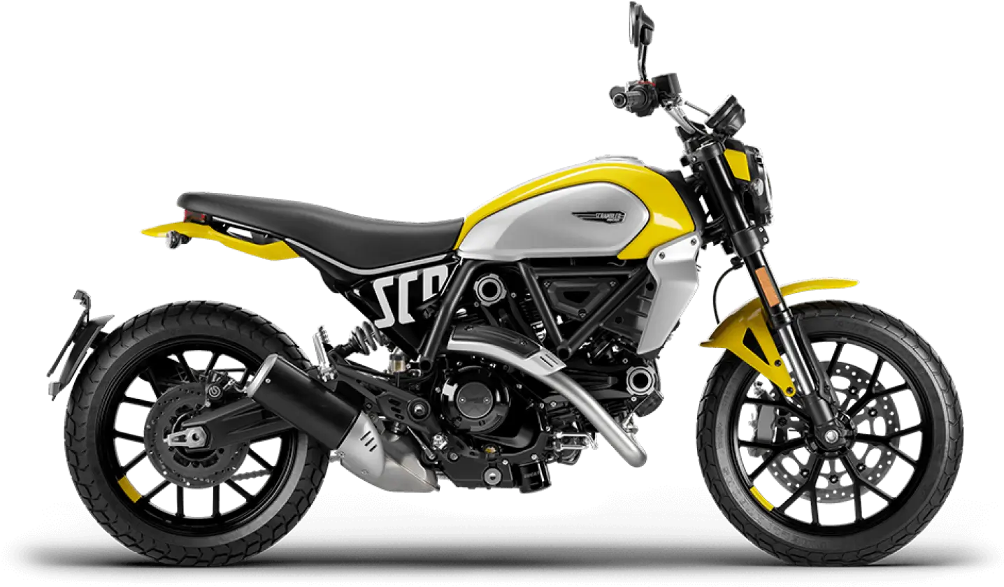 Ducati Scrambler Icon Ducati Scrambler Icon Motorrad von der Seite in Gelb und Schwarz.