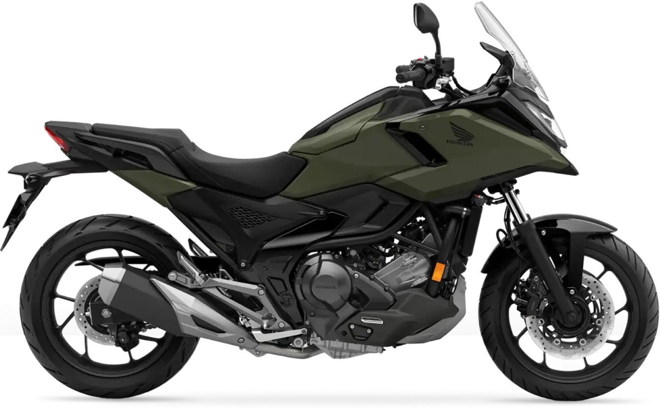 Honda NC750X Honda NC750X Motorrad, seitlich in Grün und Schwarz dargestellt.