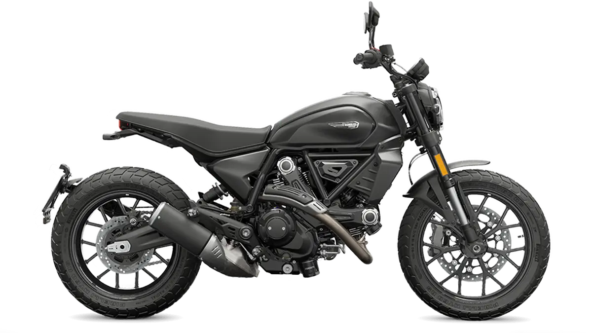 Scrambler-Ducati-Icon-Dark-stream-laterale Ein schwarzes Scrambler Ducati Icon Dark Motorrad von der Seite.