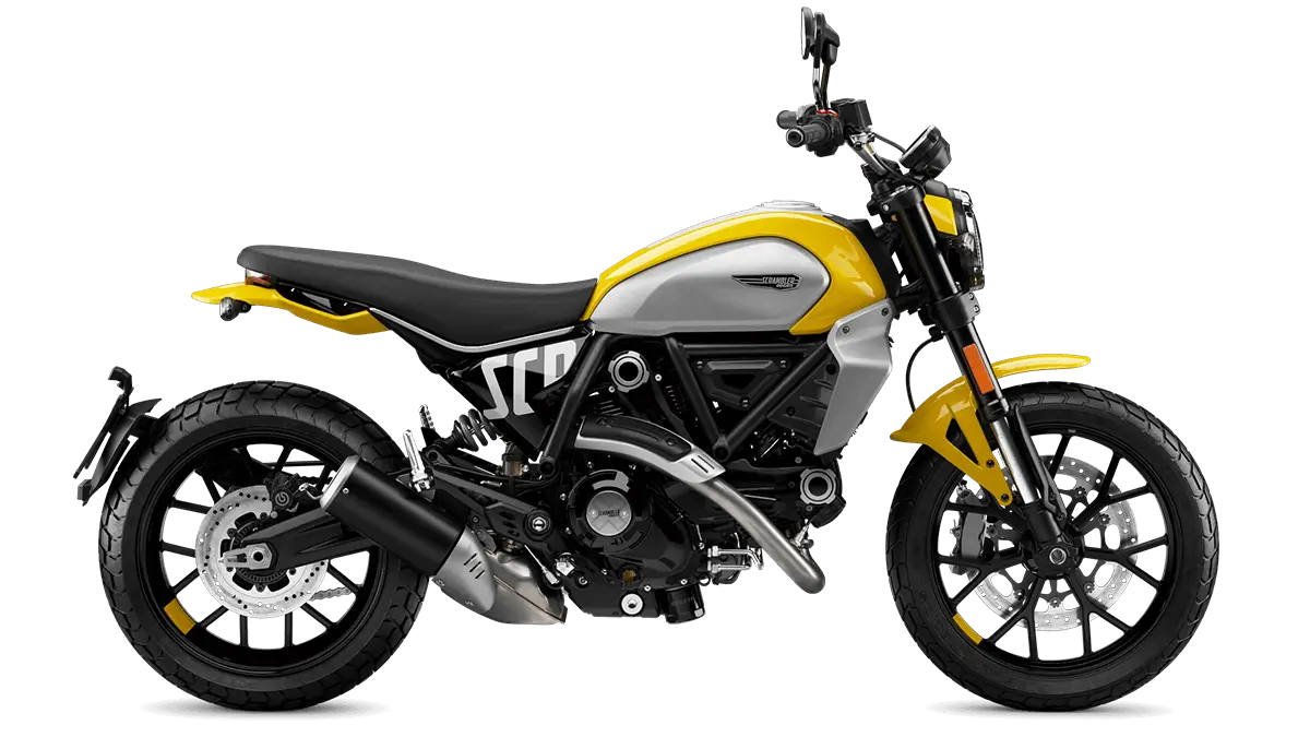 Scrambler-Ducati-Icon-stream Ducati Scrambler Icon in Gelb und Silber, seitlich abgebildet.