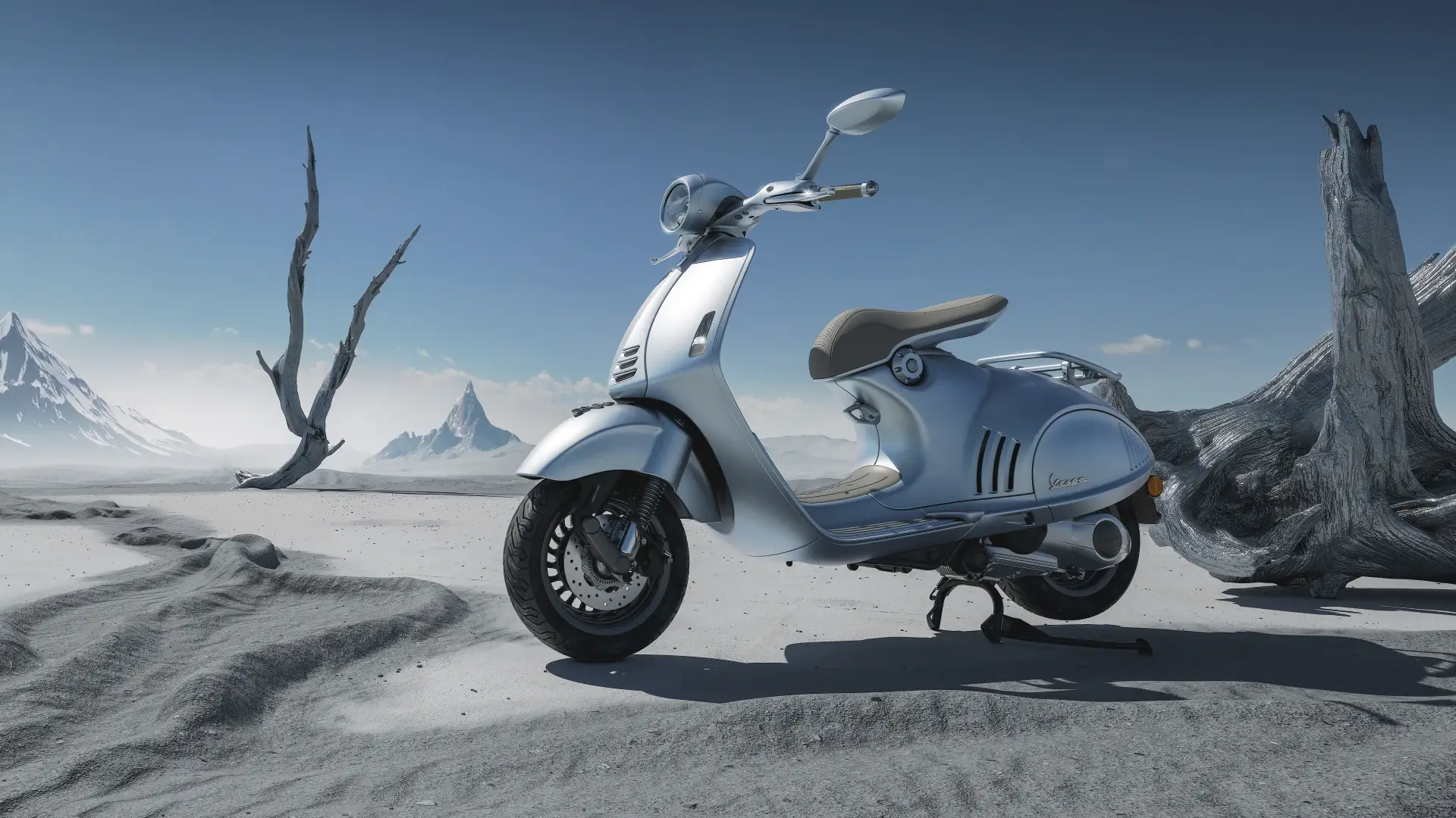 Eine silberne Vespa 946 steht in einer kargen, wüstenähnlichen Landschaft.