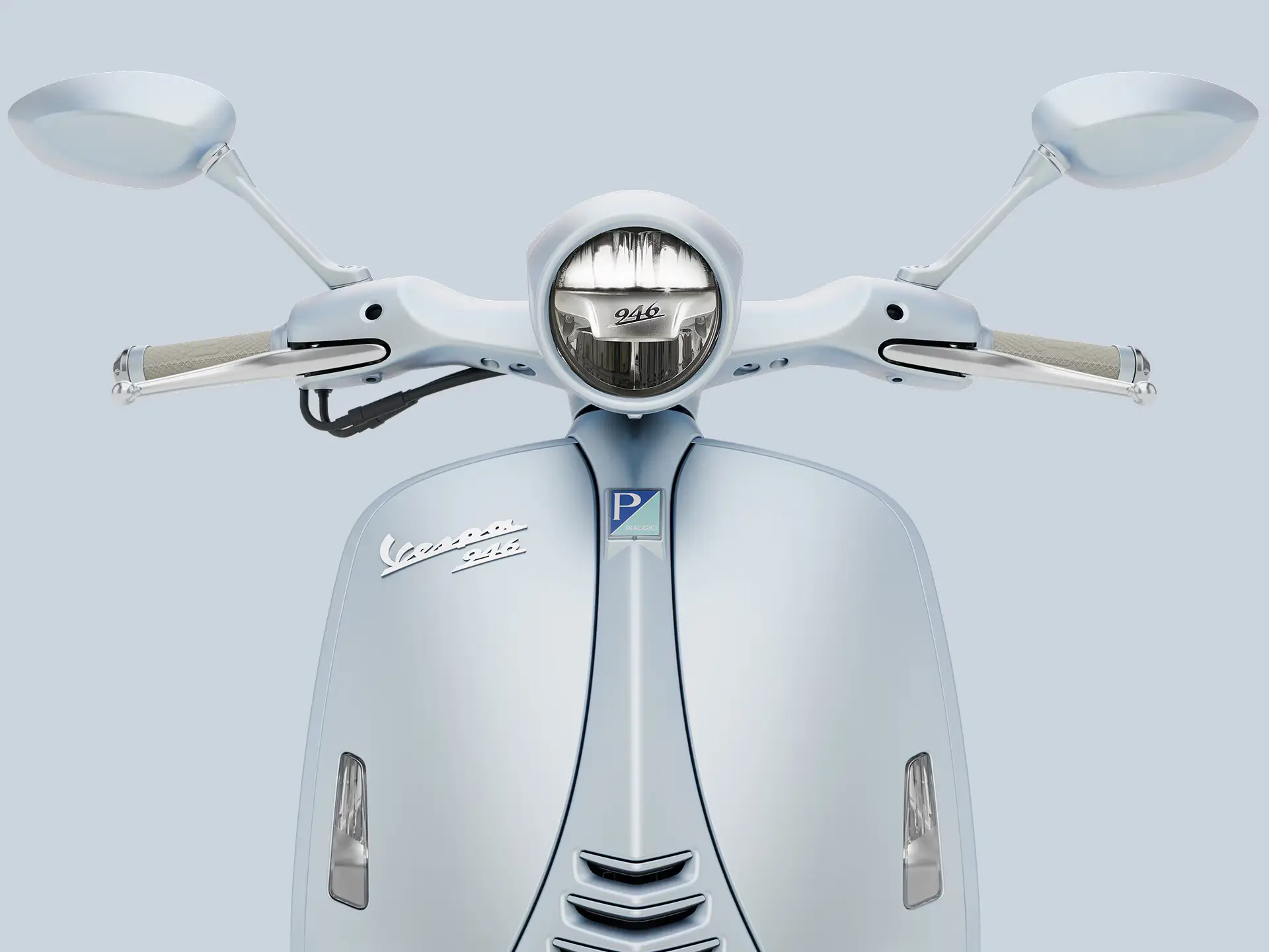 Vespa_946-Snake Vorderansicht einer Vespa 946 in hellem Blau mit Spiegeln und Scheinwerfer.