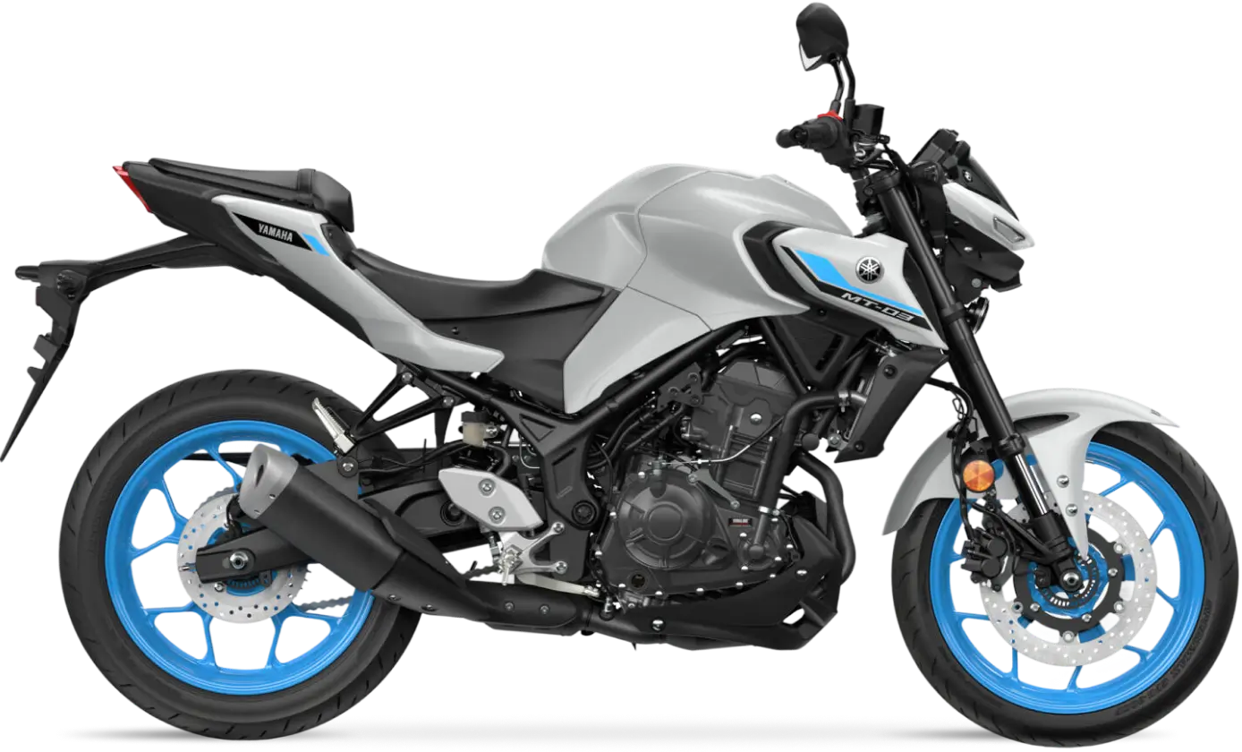 Yamaha MT03 Yamaha MT-03 Motorrad in seitlicher Ansicht mit blauen Felgen.