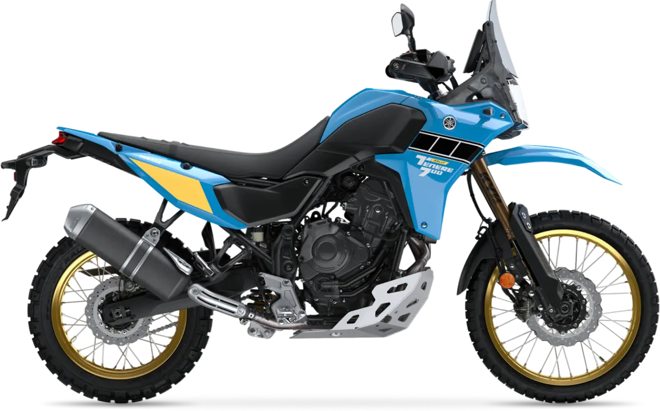 Yamaha Ténéré 700 Rally Yamaha Tenere 700 Rally Motorrad in Blau mit goldenen Felgen.