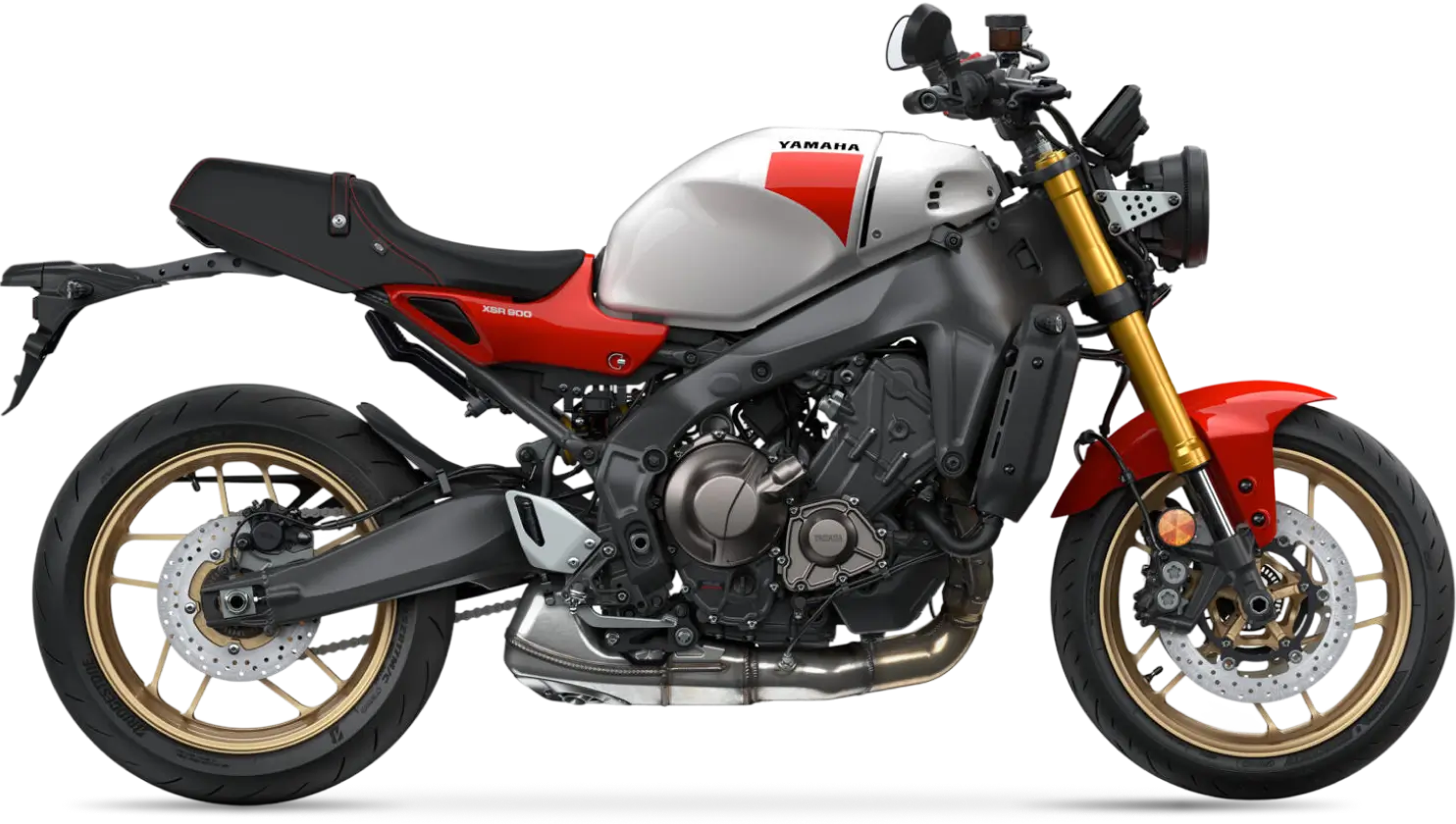 Yamaha XSR900 Yamaha XSR900 Motorrad, seitlich in Grau und Rot.