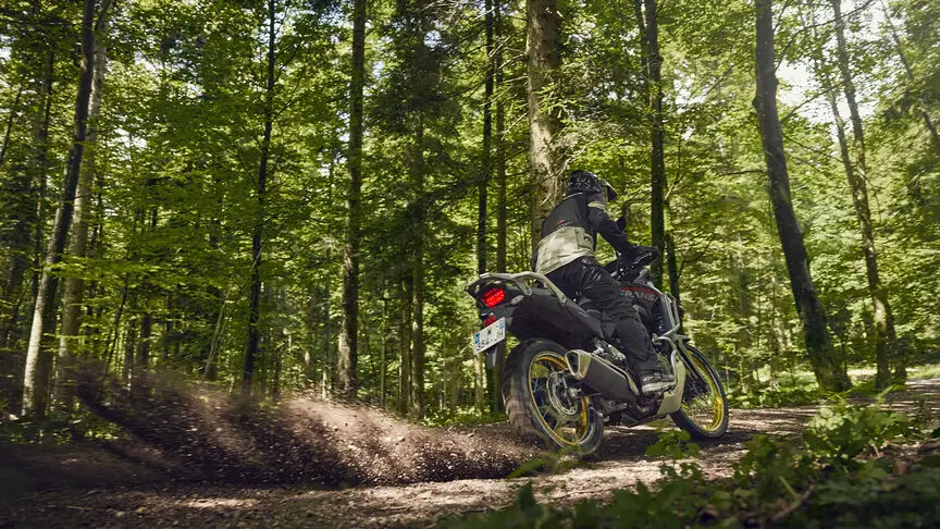 c4 (1) Ein Motorradfahrer fährt mit einer Honda Transalp durch einen Waldweg.