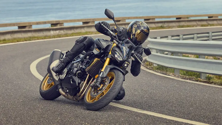 c4 (2) Ein Motorradfahrer in schwarzer Kleidung fährt eine CB1000 Hornet durch eine kurvige Straße.