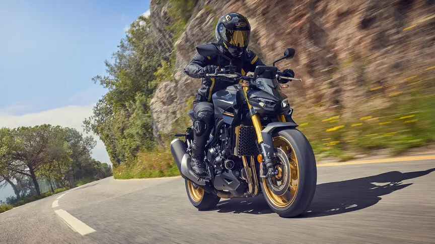 c4 Ein Motorradfahrer fährt eine CB1000 Hornet auf einer kurvigen Landstraße.